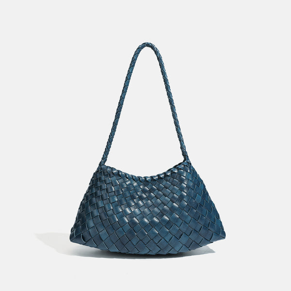 Dark brown hand-woven leather-look hobo shoulder bag with braided strap and drawstring closure, detail view 16