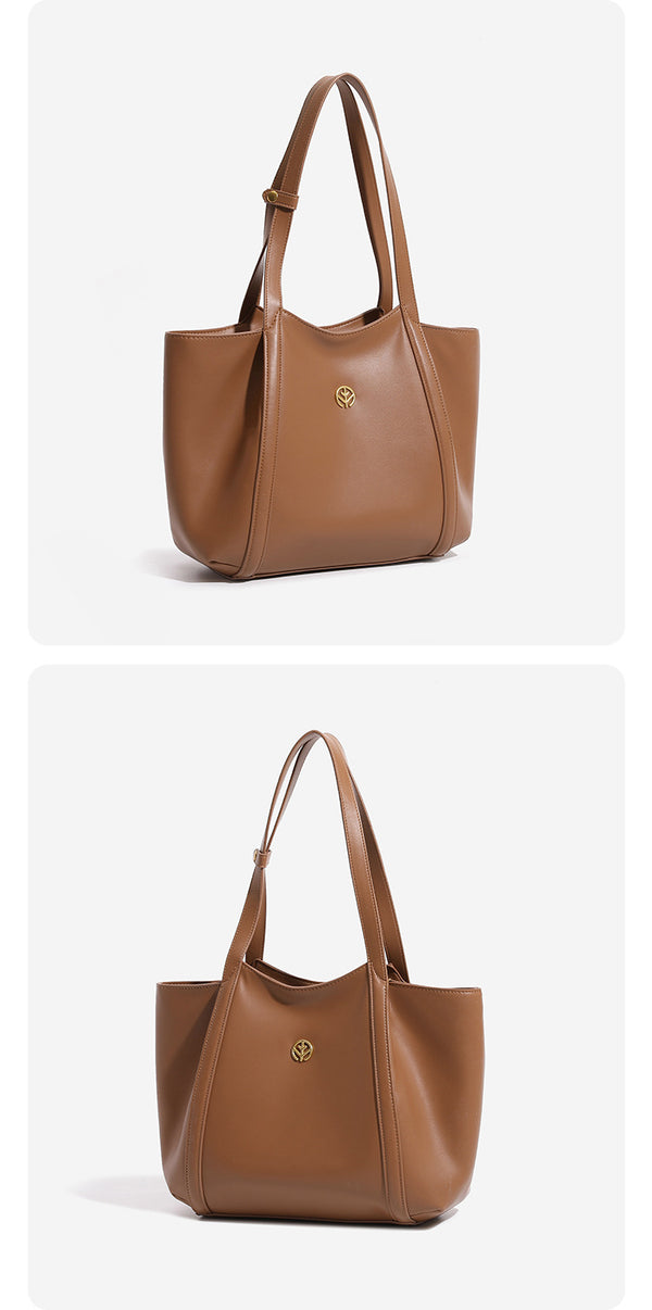 Strukturierte Tote-Bag in Lederoptik mit offenem Taschenabschluss, langen Schulterriemen und goldfarbenen runden Emblem-Details, Detailansicht 8