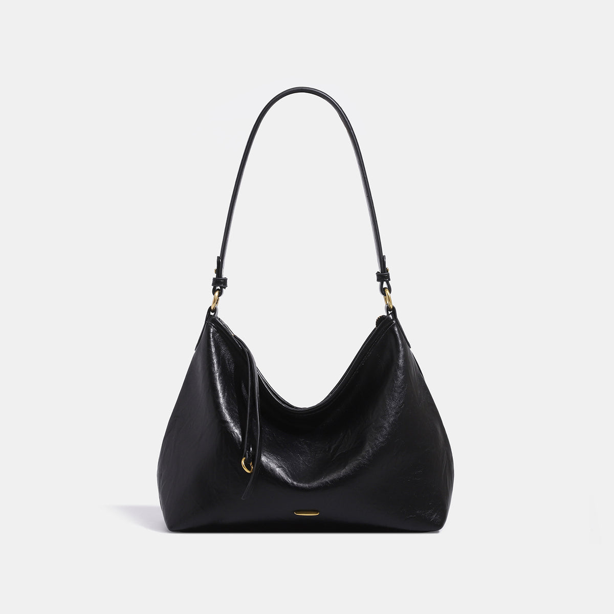 Large crinkled leather-look hobo shoulder bag with zip closure and gold-tone hardware, detail view 6