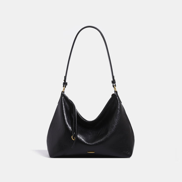 Large crinkled leather-look hobo shoulder bag with zip closure and gold-tone hardware, detail view 6