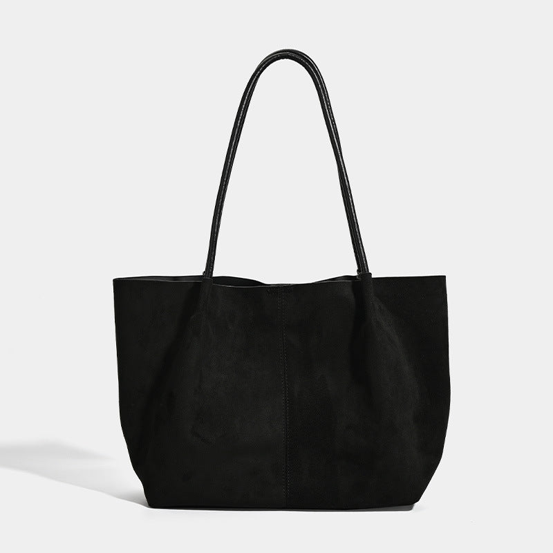 Large open-top suede-finish tote bag with slim shoulder straps in dark brown, detail view 8
