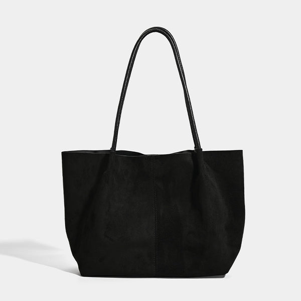 Large open-top suede-finish tote bag with slim shoulder straps in dark brown, detail view 8