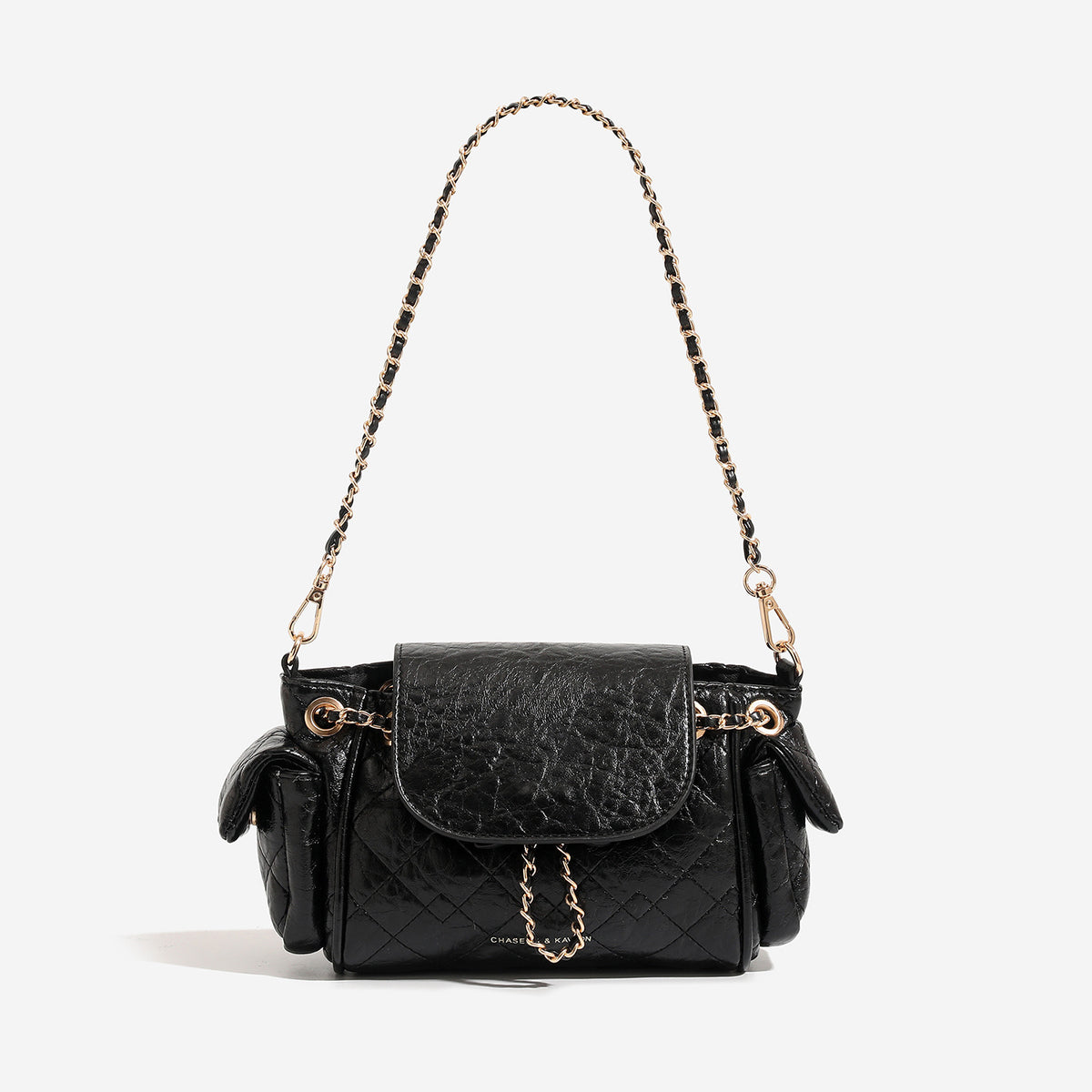 Small quilted diamond-pattern chain shoulder bag with flap closure and gold-tone hardware, detail view 3