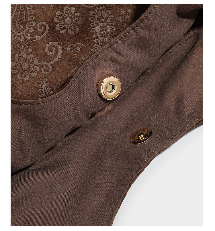Slouchy paisley-embossed suede-look shoulder tote bag with braided patterned fabric straps and wood bead accents, detail view