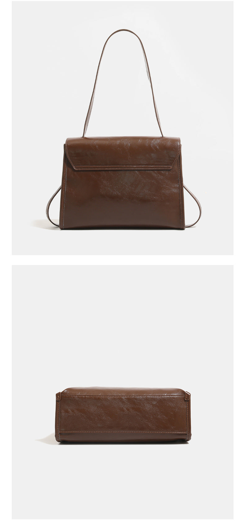 Structured rectangular flap shoulder bag in glossy leather-look finish with silver turn-lock clasp and adjustable strap