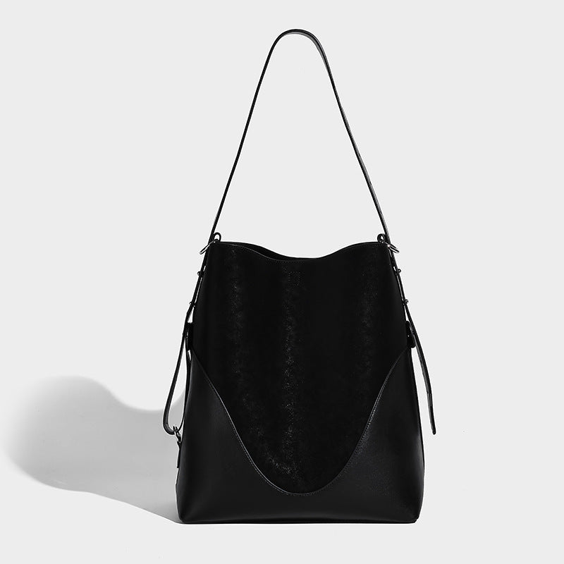 Large two-tone matte suede-effect and smooth leather-look bucket tote bag with detachable zip pouch and silver-tone hardware