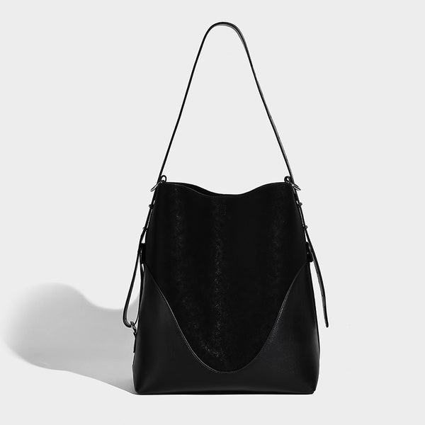 Large two-tone matte suede-effect and smooth leather-look bucket tote bag with detachable zip pouch and silver-tone hardware