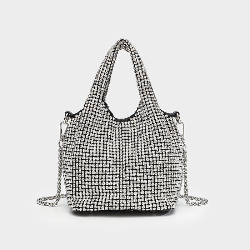 Small all-over rhinestone crystal bucket bag with twin handles and detachable chain shoulder strap, detail view 6