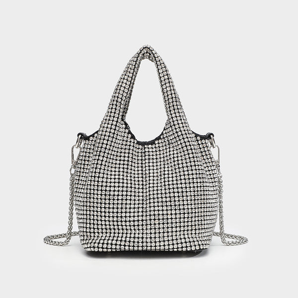 Small all-over rhinestone crystal bucket bag with twin handles and detachable chain shoulder strap, detail view 6