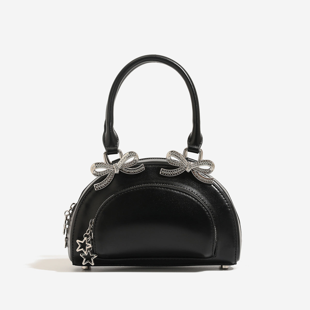 Structured half-moon mini handbag with silver-tone crystal bow hardware and star charm chain, detail view 4