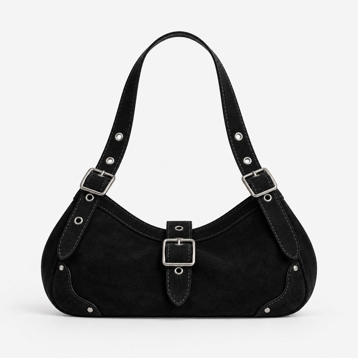 Geschwungene Hobo-Schultertasche mit matter Wildlederoptik, Riemen mit Schnalle in Silberoptik, Ösen, Nieten und Reißverschluss, Detailansicht