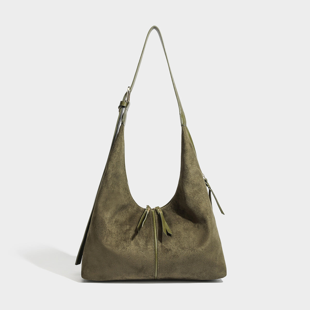 Lässige Hobo-Schultertasche mit strukturiertem Finish in Velourslederoptik, Reißverschluss oben, Quasten-Zippern und goldfarbenem verstellbarem