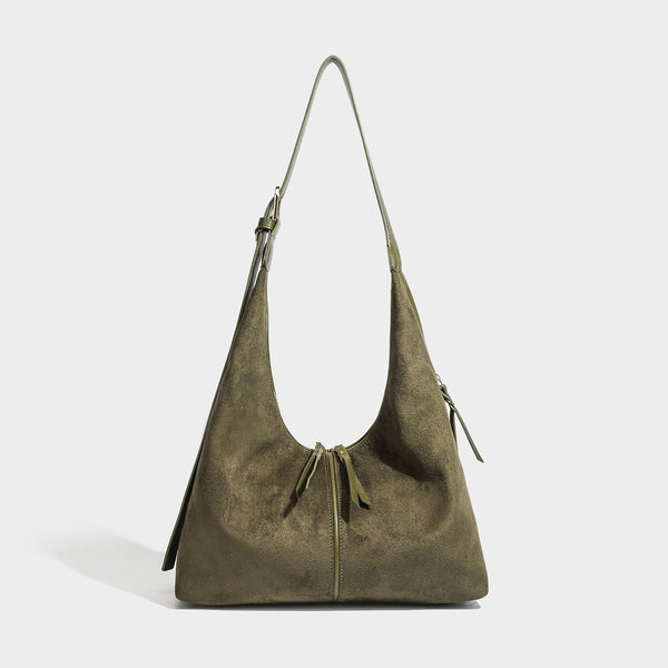 Lässige Hobo-Schultertasche mit strukturiertem Finish in Velourslederoptik, Reißverschluss oben, Quasten-Zippern und goldfarbenem verstellbarem