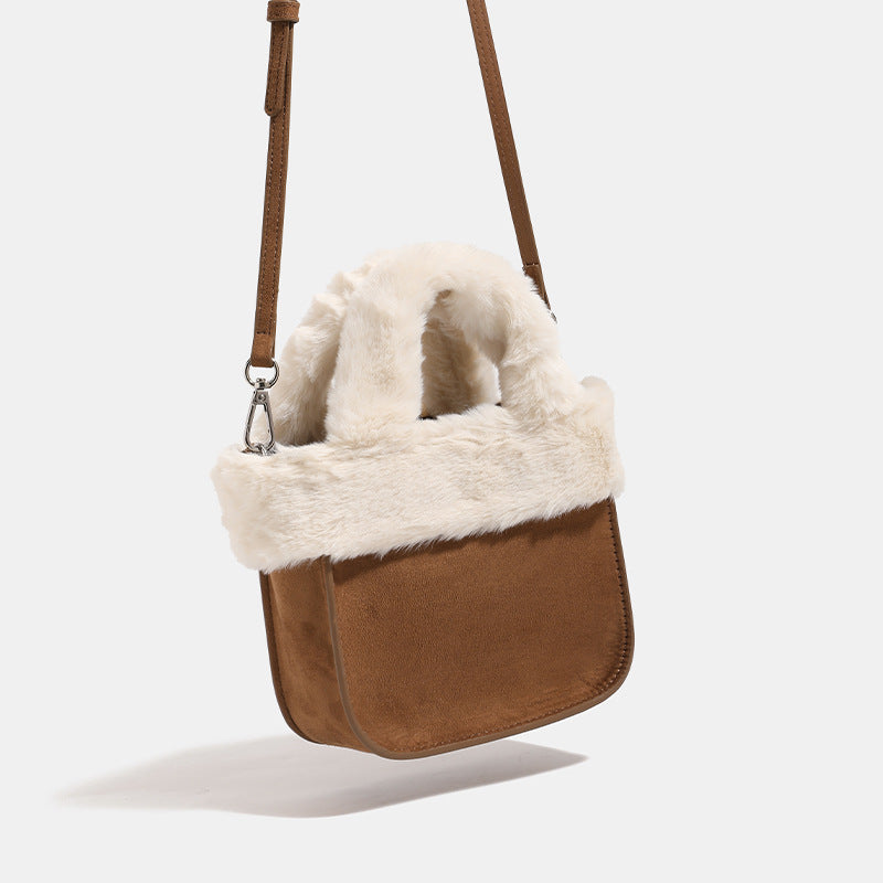 Mini structured handbag with cream faux-fur trim and suede-look textured body, shown with top handles and removable