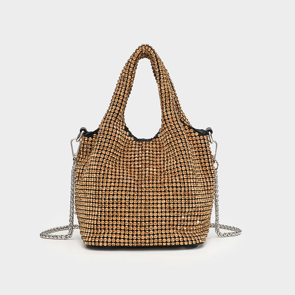 Small all-over rhinestone crystal bucket bag with twin handles and detachable chain shoulder strap, detail view 8