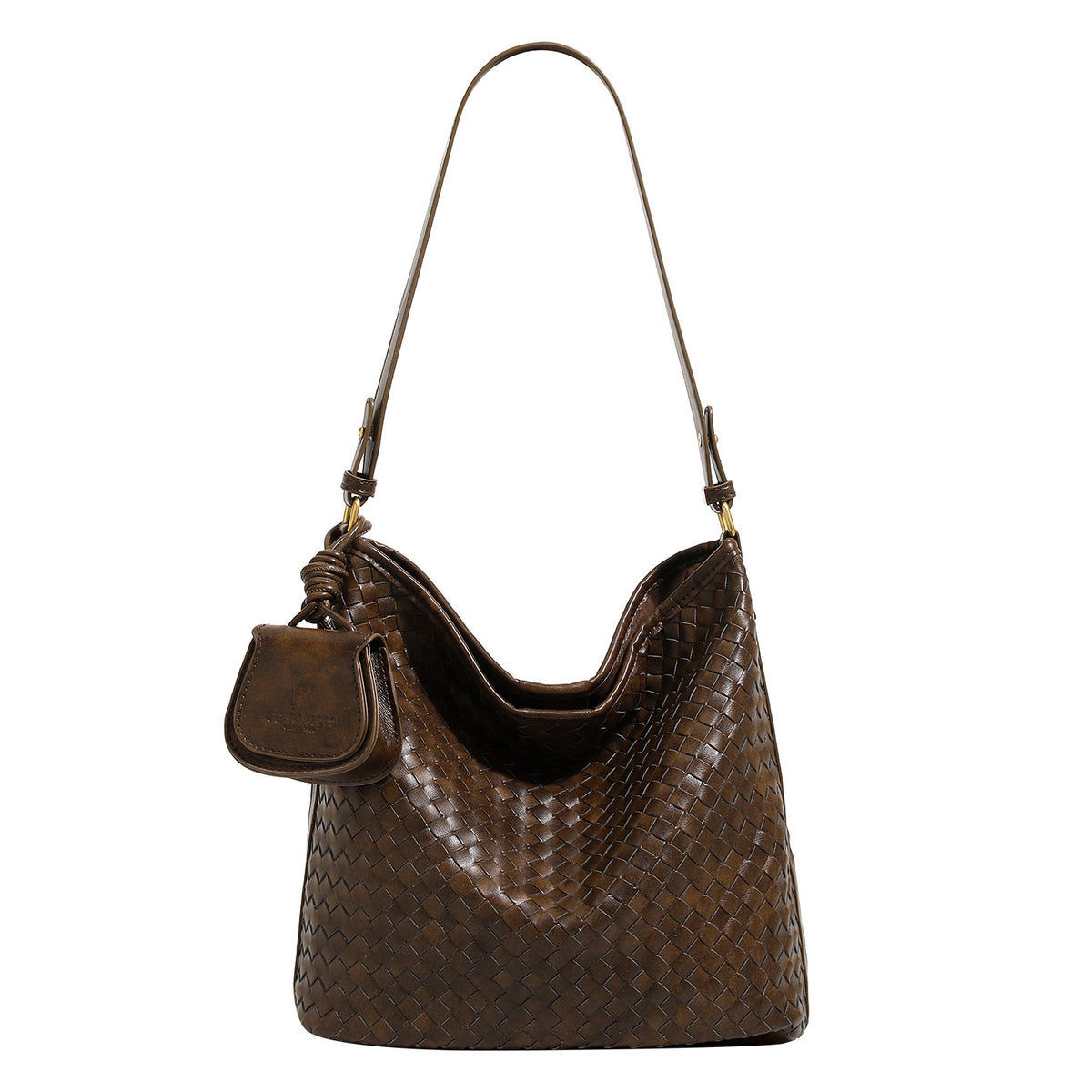 Dark brown woven leather-look bucket shoulder bag with mini pouch charm and gold-tone hardware, detail view 5