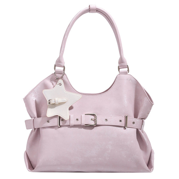 Large soft hobo shoulder bag with glossy textured finish, decorative belt buckle, star charm, and silver-tone hardware