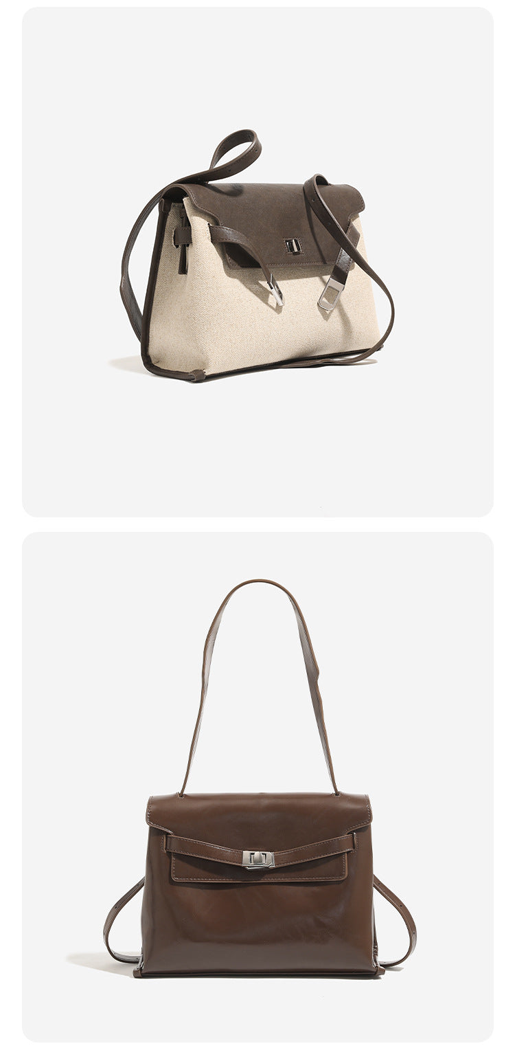 Structured trapezoidal flap satchel bag with silver-tone turn-lock clasp, decorative front strap tabs, gusseted sides, and