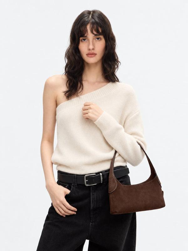Slim crescent-silhouette shoulder bag in chocolate brown suede-look finish with contrast topstitching, top zip closure, thin