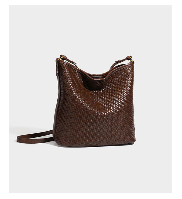 Woven-look slouchy hobo shoulder bag in brown with attached mini pouch and gold-tone hardware, detail view 12