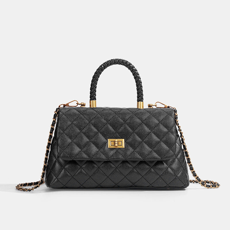 Structured diamond-quilted flap handbag with braided top handle, gold-tone turn-lock closure, and chain-and-braid shoulder