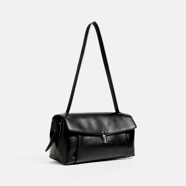 Structured rectangular flap shoulder bag with smooth leather-look finish, silver-tone turn-lock clasp, and long slim