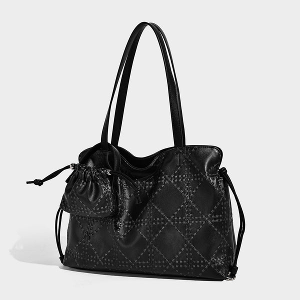 Große Tote-Schultertasche in Elfenbein-Creme mit geprägter Oberfläche, zwei langen Trageriemen, seitlicher Kordelraffung und abnehmbarem
