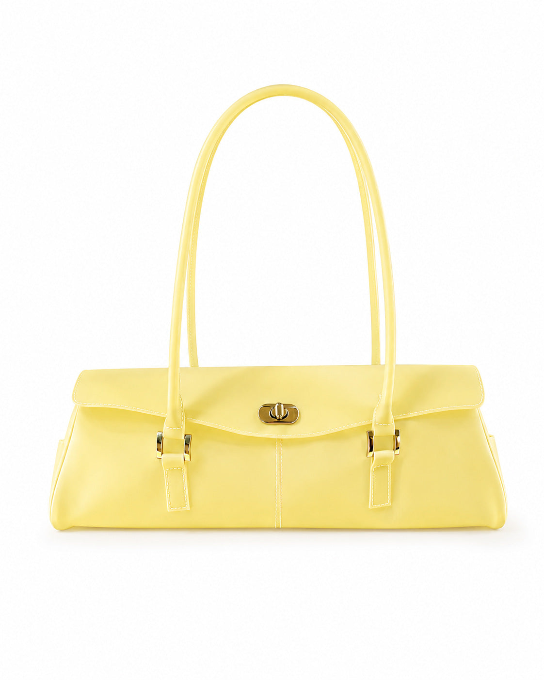 Längliche Trapez-Baguette-Schultertasche mit goldfarbenem Drehverschluss an der Klappe und zwei langen Trägern, Detailansicht 7