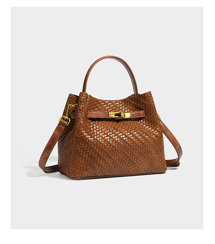 Structured woven leather-look bucket bag with gold-tone turn-lock hardware and detachable shoulder strap, detail view 21