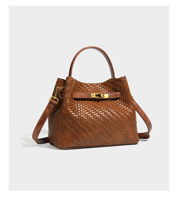 Structured woven leather-look bucket bag with gold-tone turn-lock hardware and detachable shoulder strap, detail view 21