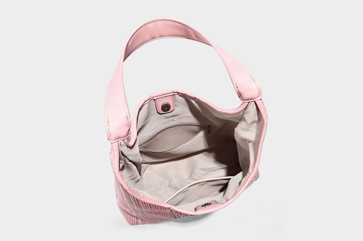 Woven striped slouch shoulder tote bag with knotted strap and attached front flap pouch, detail view 30