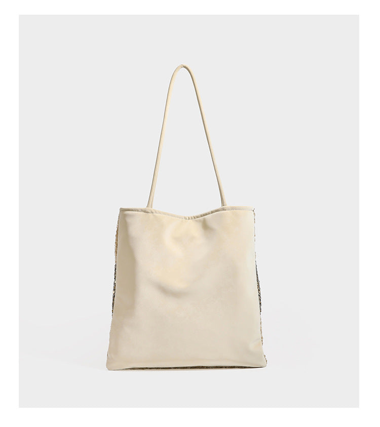 Sequin color-block shoulder tote bag with champagne and silver panels and cream leather-look straps, detail view 11