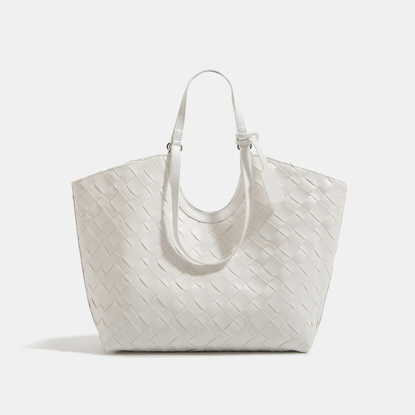 Large woven leather-look tote bag with open top and dual shoulder handles, detail view 8
