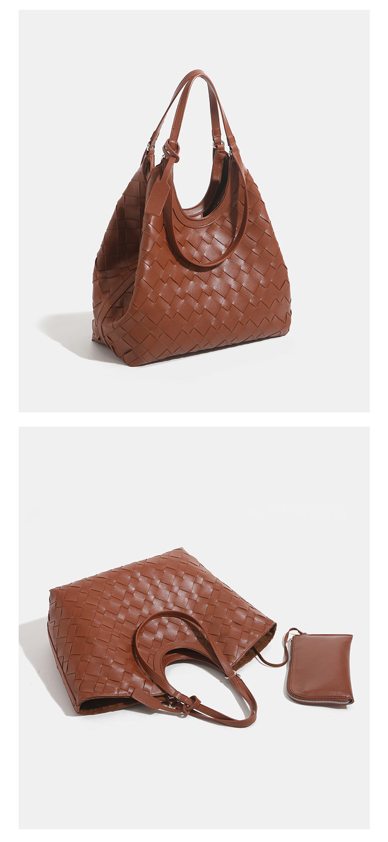 Large woven leather-look tote bag with open top and dual shoulder handles, detail view 11