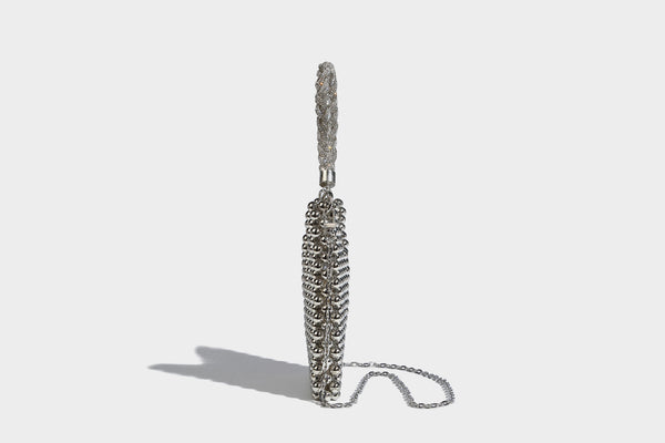 Small silver metallic beaded mini bag with braided rhinestone top handle and detachable chain crossbody strap, detail view 19