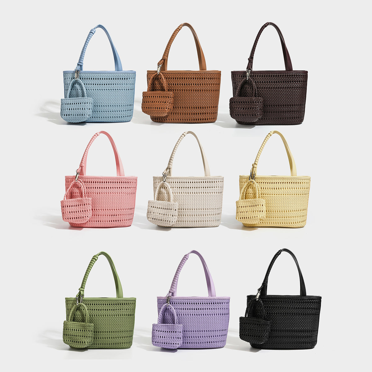 Structured open-weave tote bag with smooth leather-look trim, double top handles, detachable crossbody strap, and mini zip