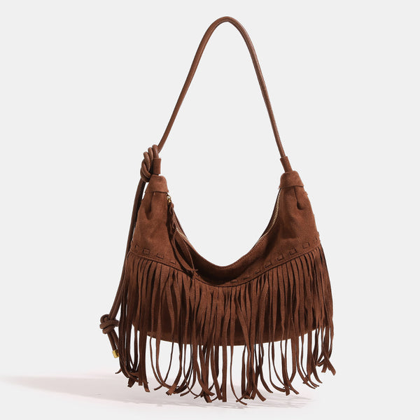 Slouchy fringe hobo shoulder bag in matte suede-like finish with tie-knot cord strap and gold-tone zip closure, front view