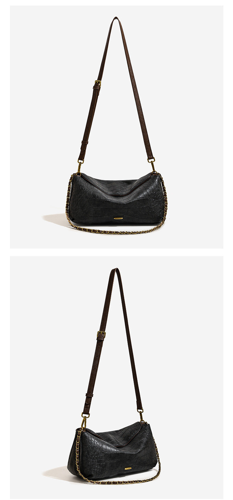 Croc-embossed pillow crossbody shoulder bag with gold-tone chain strap and flap closure, detail view 9