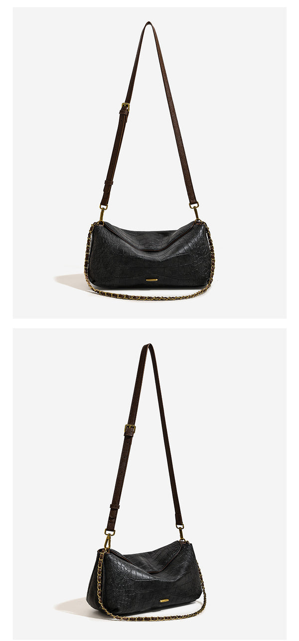 Croc-embossed pillow crossbody shoulder bag with gold-tone chain strap and flap closure, detail view 9