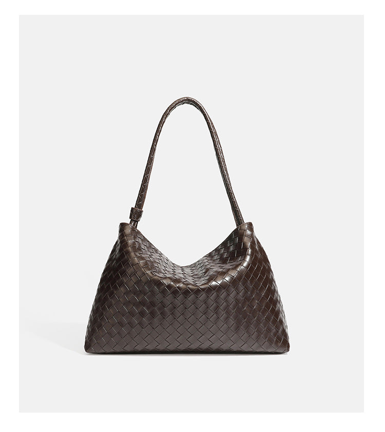 Slouchy woven leather-look hobo shoulder bag with braided strap and open top, detail view 12