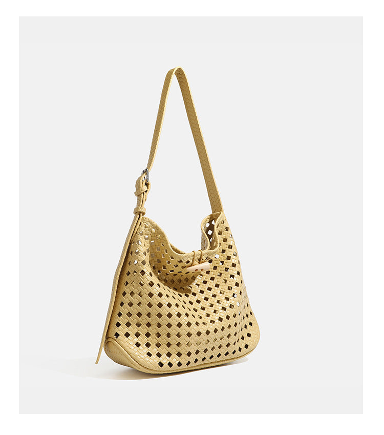 Brown open-lattice woven leather-look hobo shoulder bag with braided strap and matching zip pouch, detail view 24