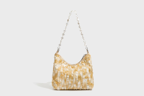 Small crescent sequin shoulder bag with pearl beaded strap and zip closure, detail view 27