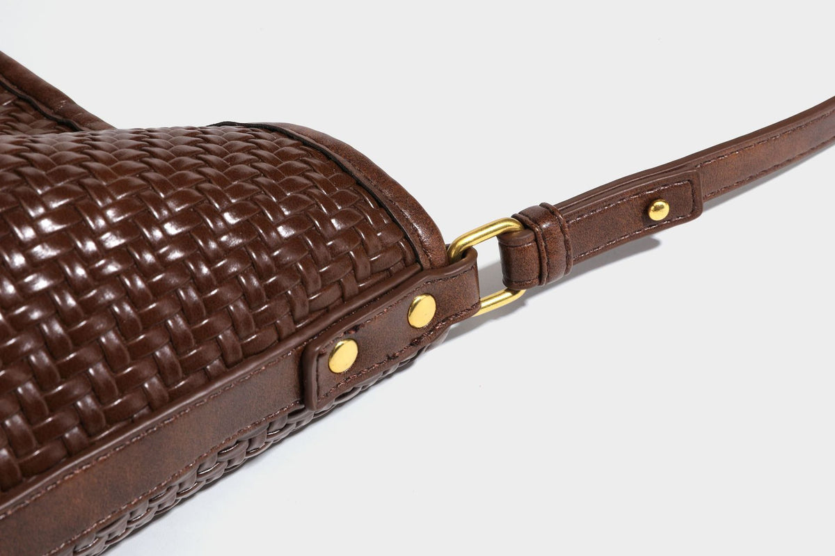 Woven-look slouchy hobo shoulder bag in brown with attached mini pouch and gold-tone hardware, detail view 38