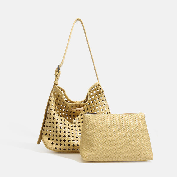 Brown open-lattice woven leather-look hobo shoulder bag with braided strap and matching zip pouch, detail view 7