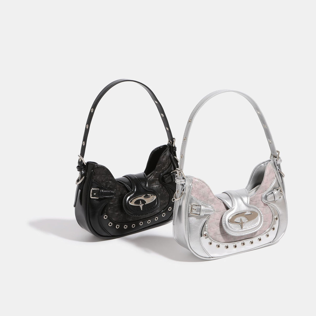 Croc-embossed leather-look shoulder bag with metallic stud trim and four-point star turn-lock hardware, front view
