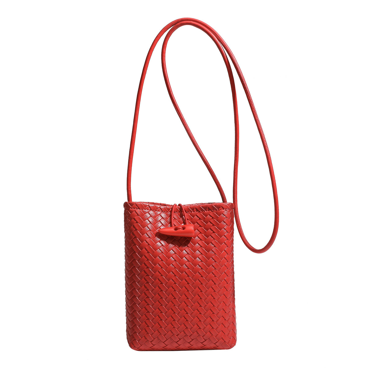 Compact woven leather-look bucket crossbody pouch with toggle closure and long fixed strap, detail view 5