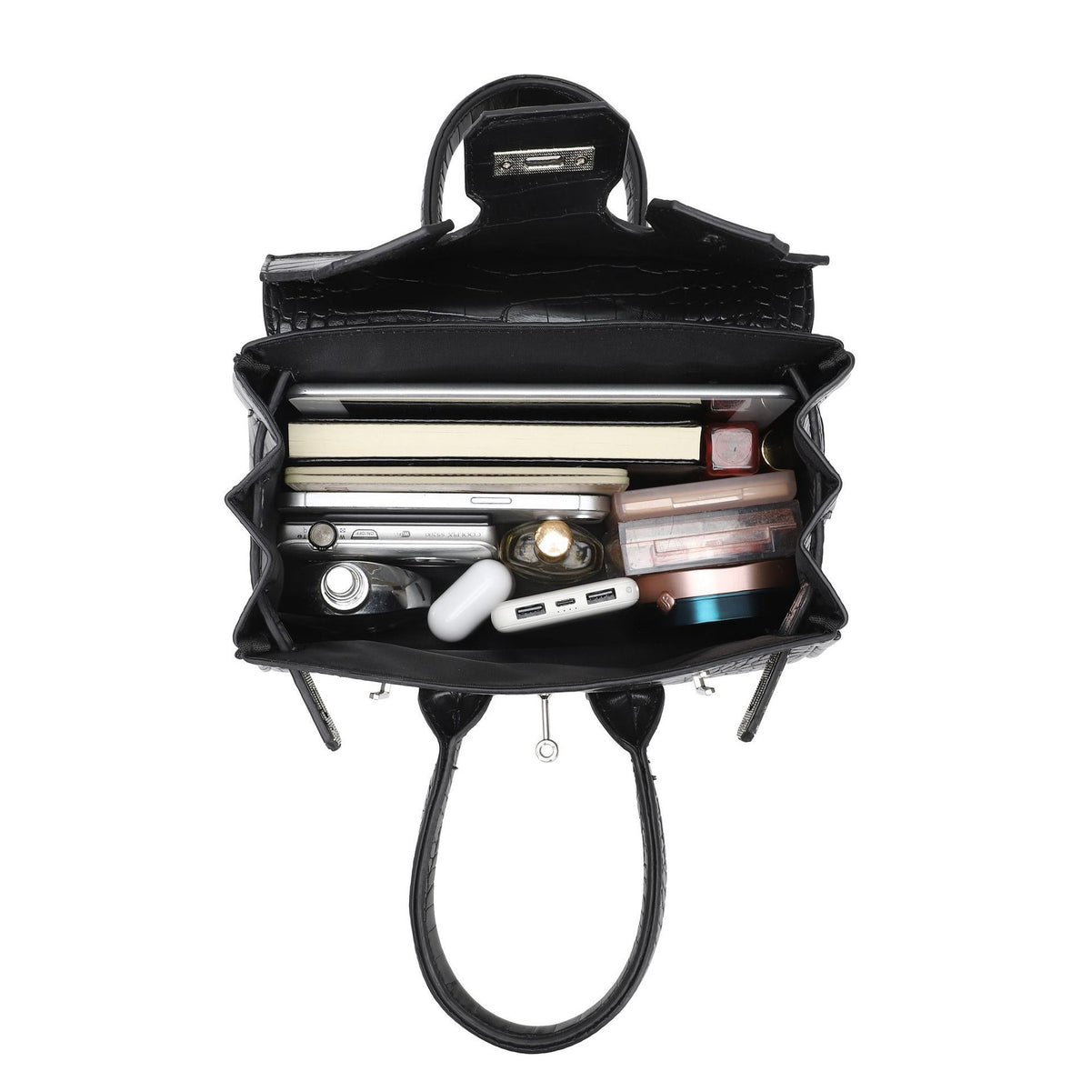 Croc-embossed structured trapezoid satchel with silver turn-lock hardware, rounded top handles, and detachable shoulder