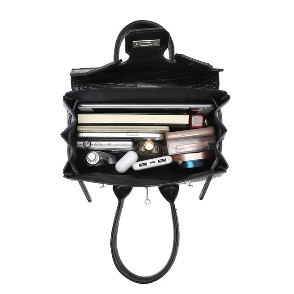 Croc-embossed structured trapezoid satchel with silver turn-lock hardware, rounded top handles, and detachable shoulder