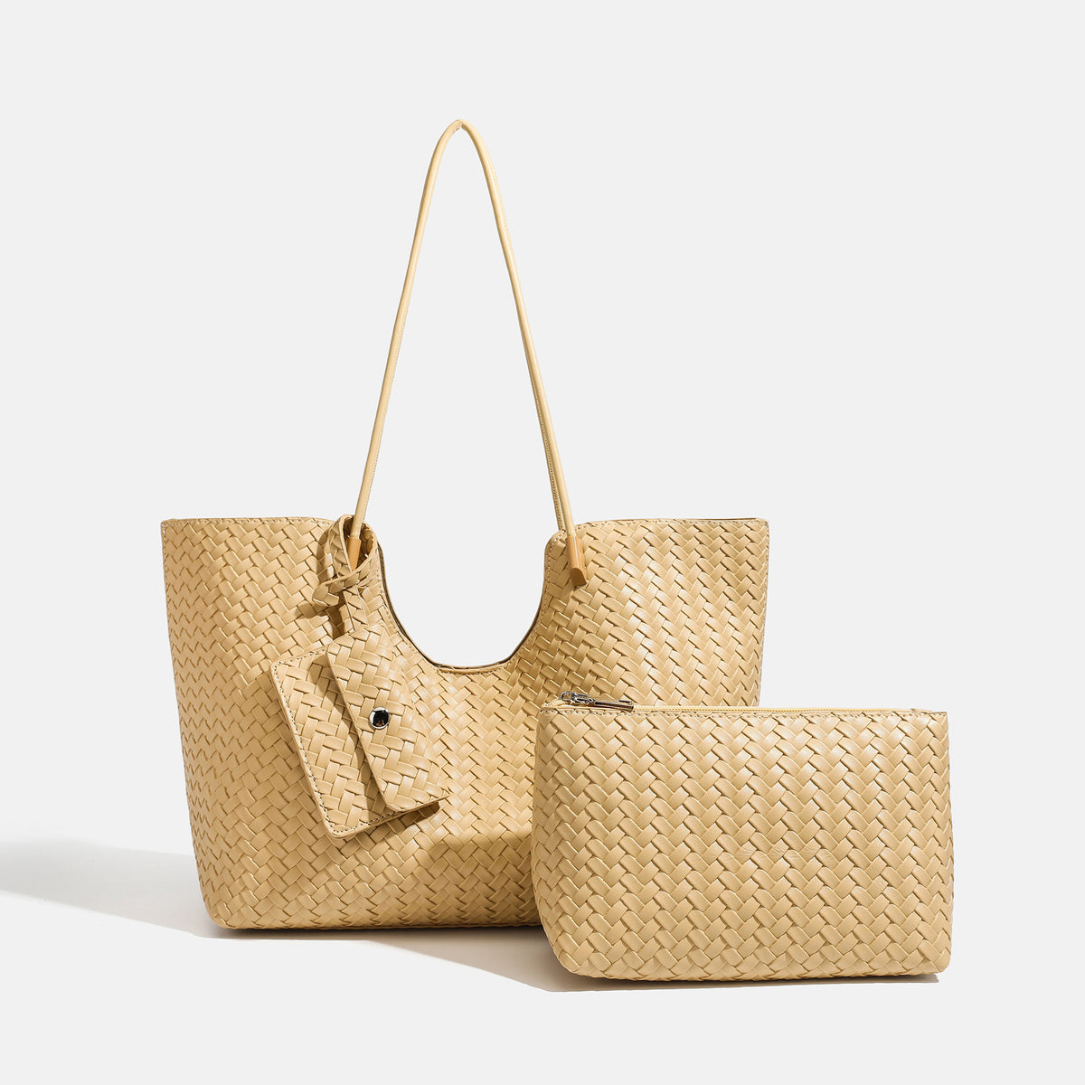 Braune, gewebte Tote-Bag aus Lederoptik mit offenem Design, langen Schulterriemen und passender Reißverschlusstasche, Detailansicht 9