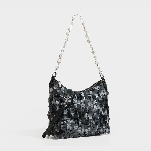 Champagne and ivory large-disc sequin shoulder bag with baroque faux-pearl beaded chain strap and silver-tone zip closure